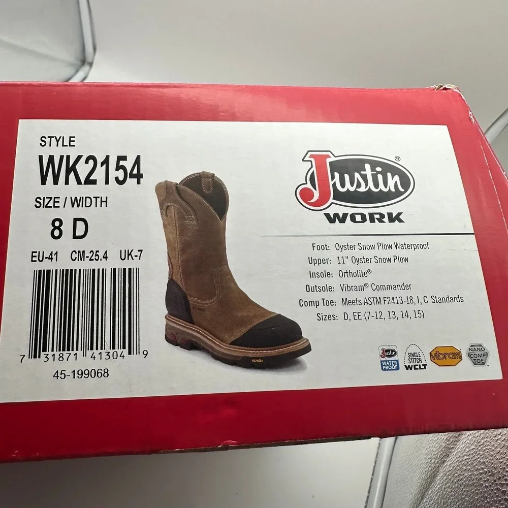 Justin Boots Leather‎ Composite Toe Oyster Snow Plow Waterproof WK2154 Mens 8 D
